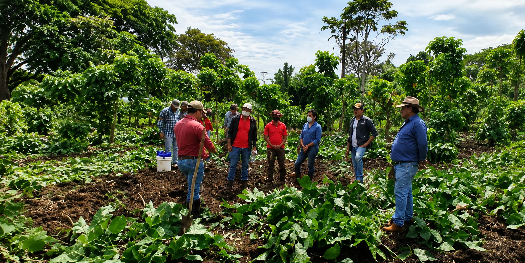 Personas aprendiendo y trabajando en un sistema agroforestal